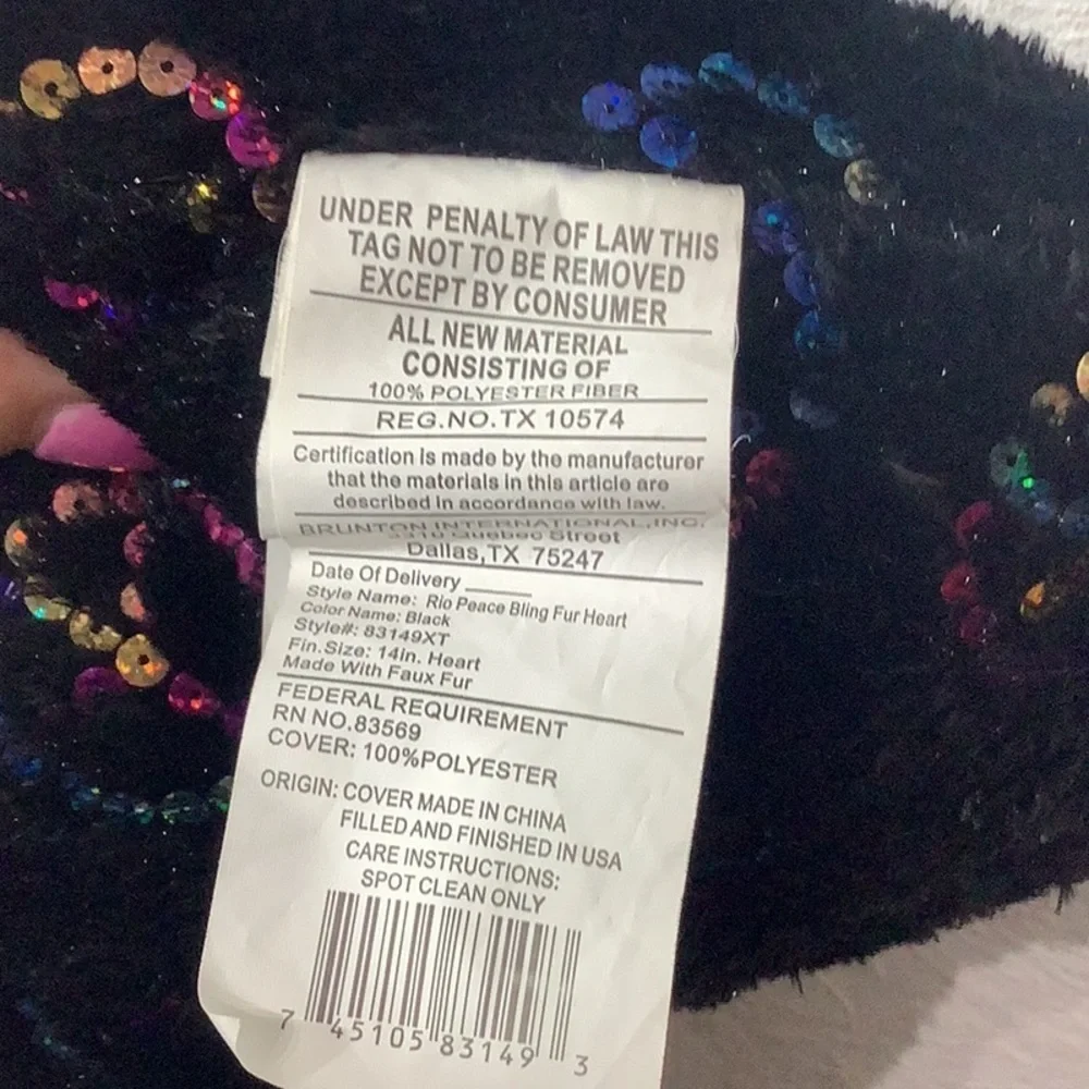 Plush heart shaped Pillow NWOT - with sequined peace signs - front and back